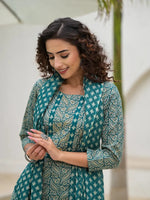 Thumbnail for Yufta Yufta Embroidered Printed Teal Green Cotton Kurta Set With Dupatta Set