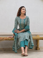 Thumbnail for Yufta Yufta Embroidered Printed Teal Green Cotton Kurta Set With Dupatta Set