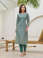 Thumbnail for Yufta Yufta Embroidered Printed Teal Green Cotton Kurta Set With Dupatta Set