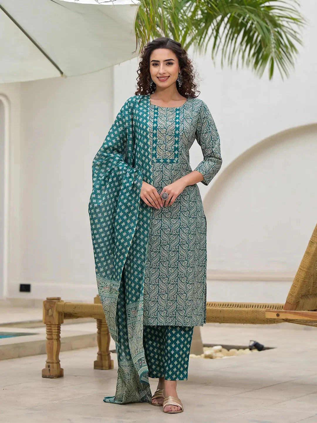 Yufta Yufta Embroidered Printed Teal Green Cotton Kurta Set With Dupatta Set - Distacart