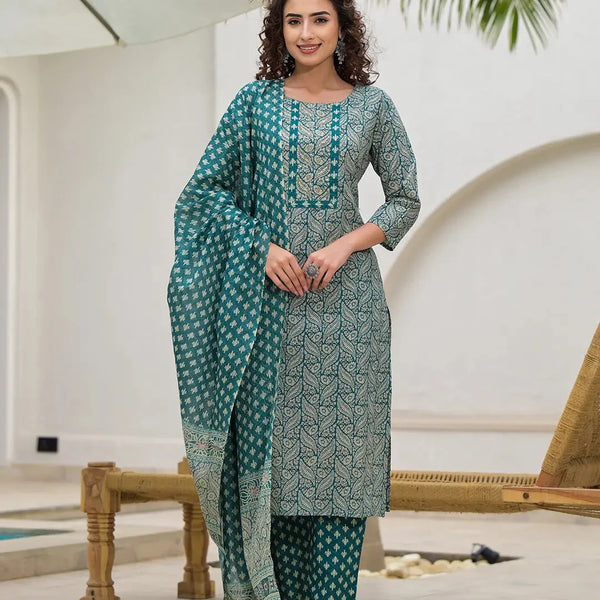 Yufta Yufta Embroidered Printed Teal Green Cotton Kurta Set With Dupatta Set - Distacart