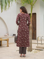 Thumbnail for Yufta Yufta Piping On Yoke Floral Print Maroon Cotton Kurta Set With Dupatta Set