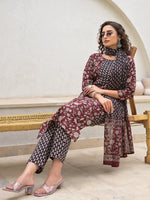 Thumbnail for Yufta Yufta Piping On Yoke Floral Print Maroon Cotton Kurta Set With Dupatta Set