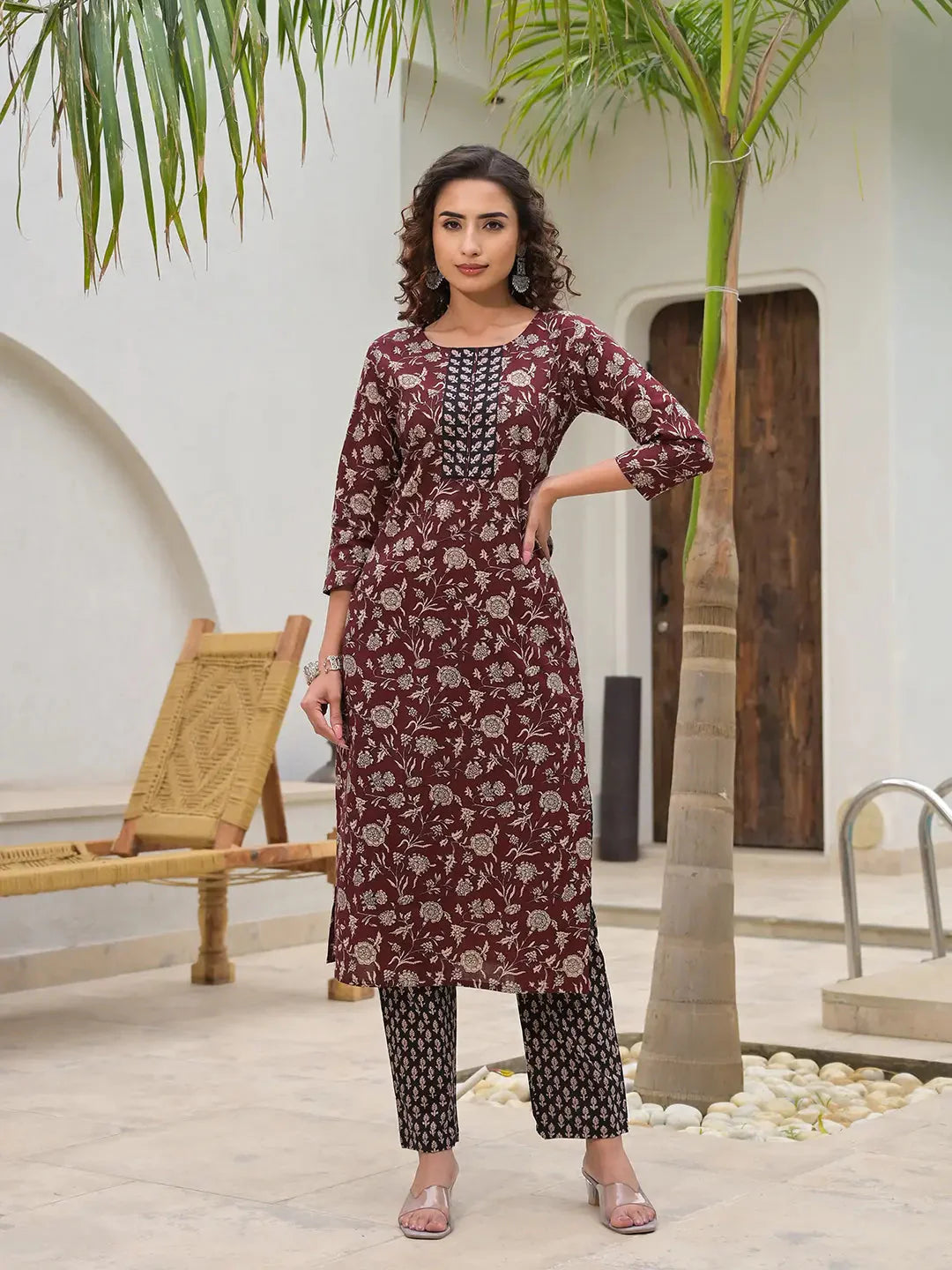 Yufta Yufta Piping On Yoke Floral Print Maroon Cotton Kurta Set With Dupatta Set