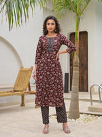 Thumbnail for Yufta Yufta Piping On Yoke Floral Print Maroon Cotton Kurta Set With Dupatta Set