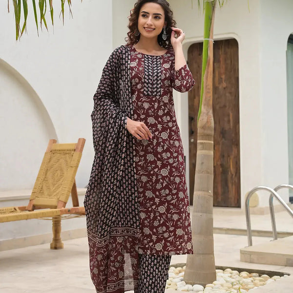 Yufta Yufta Piping On Yoke Floral Print Maroon Cotton Kurta Set With Dupatta Set - Distacart