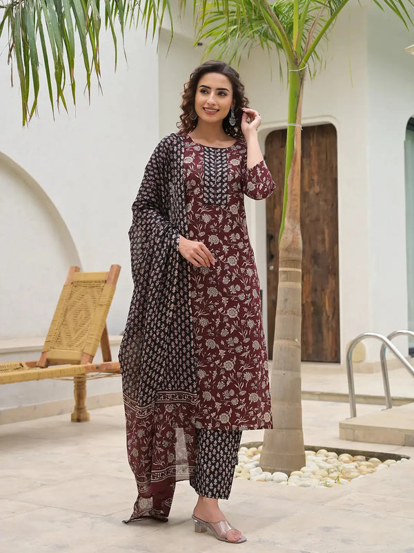 Yufta Yufta Piping On Yoke Floral Print Maroon Cotton Kurta Set With Dupatta Set