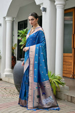 Thumbnail for Vishnu Weaves Women's Rama Paithani Silk Zari Woven Saree with Blouse