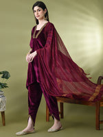 Thumbnail for Sangria Yoke Design Velvet Kurta & Dhoti Pants With Dupatta