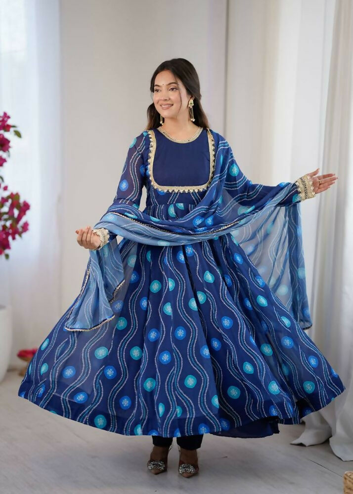 Teeya Creation Blue Faux Georgette Party Wear Digital Print Long Gown - Distacart