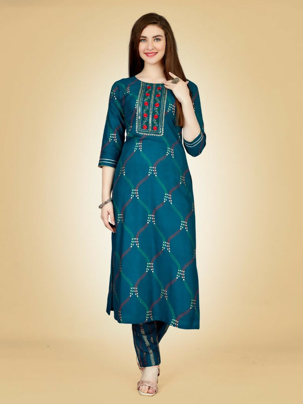 Jyoti Fashion Women's Teal Viscose Rayon Embroidered Kurta Pant Set - Distacart