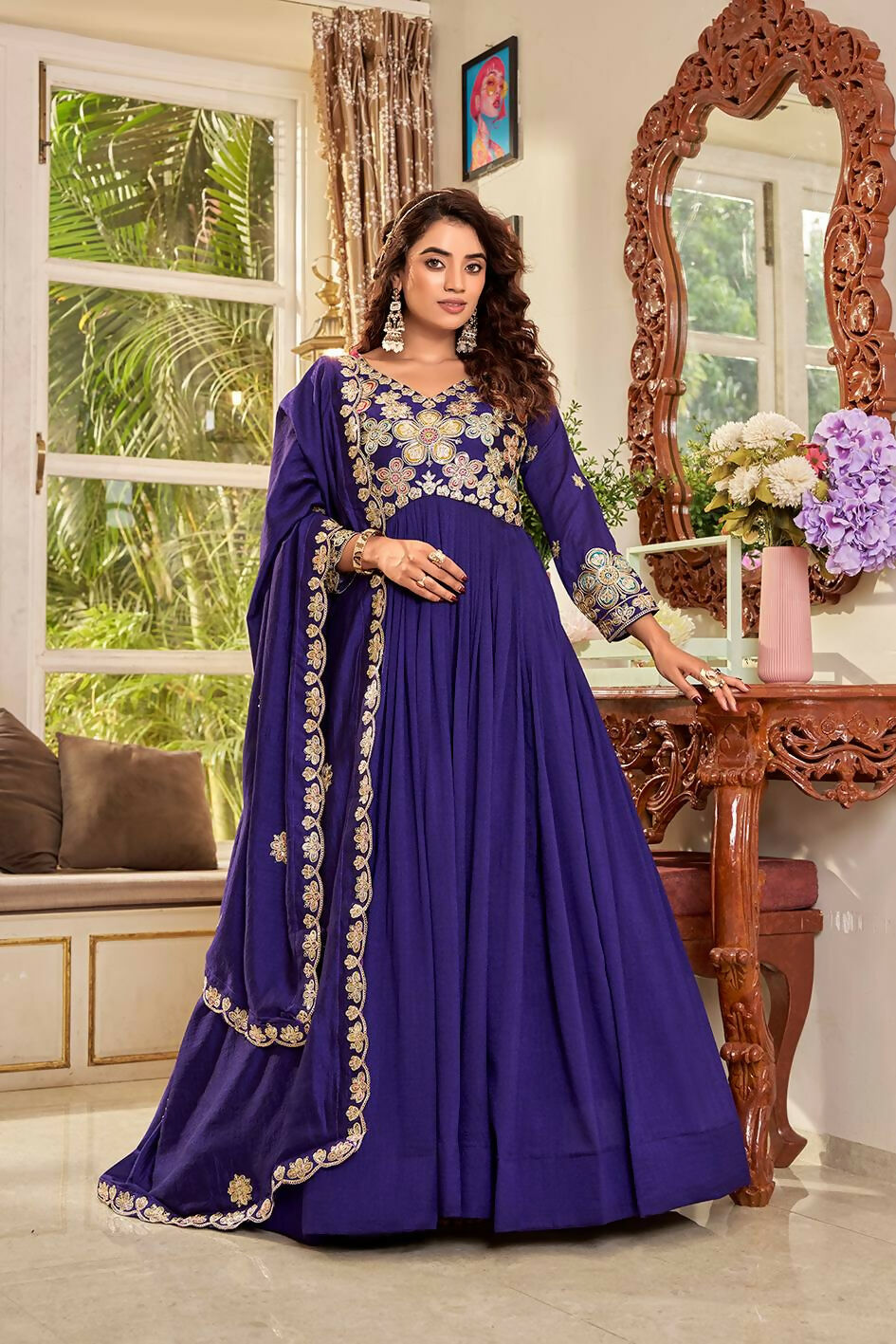 Teeya Creation Womens Casual Party Wear Heavy 5Mm Sequence Embroidery Work Gown Set - Dista