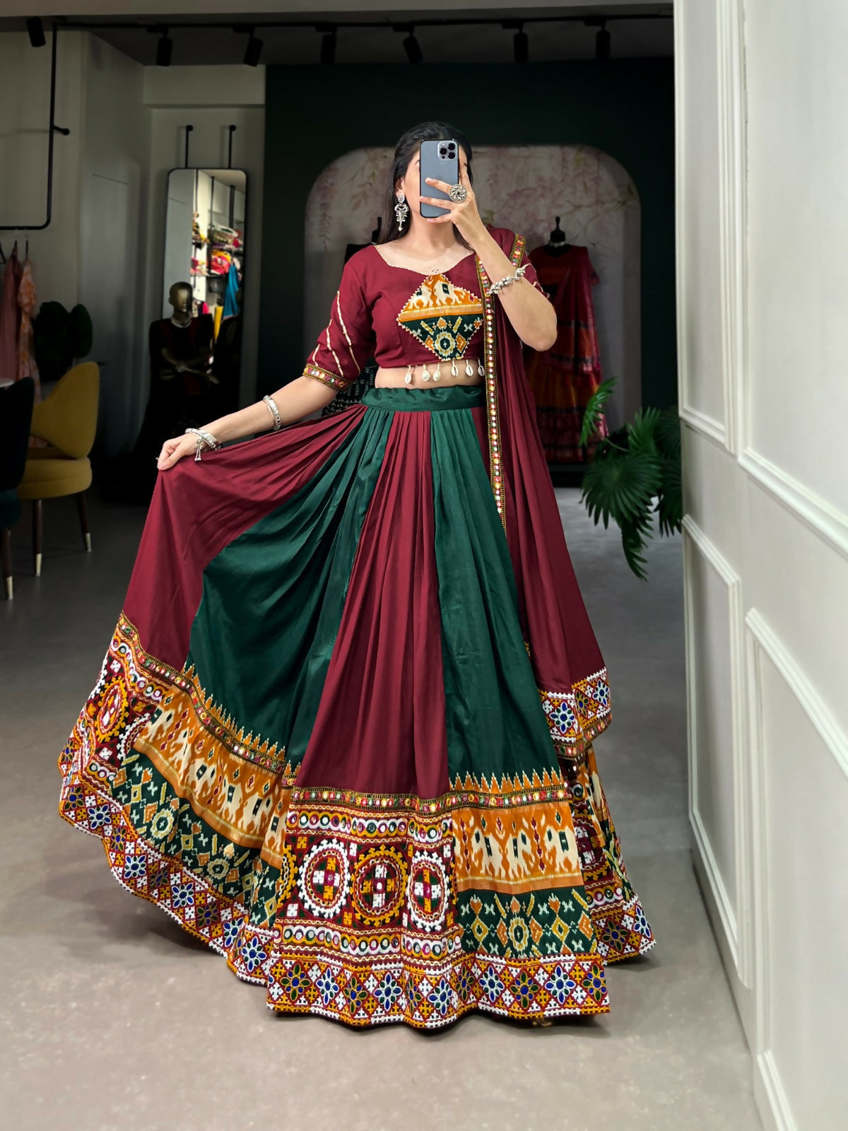 Vastranavya Navaratri Special Rayon with Printed Patch With Gota Patti And Paper Mirror Work And Cowrie (Kodi) Lace Touch Up Lehenga with Stitched Blouse - Maroon - Distacart