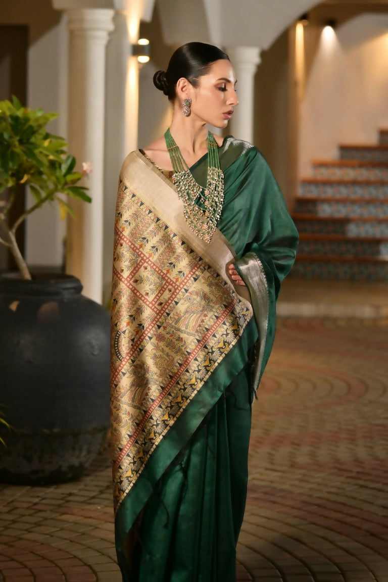 Vishnu Weaves Women's Green Soft Tussar Silk Printed Saree with Blouse
