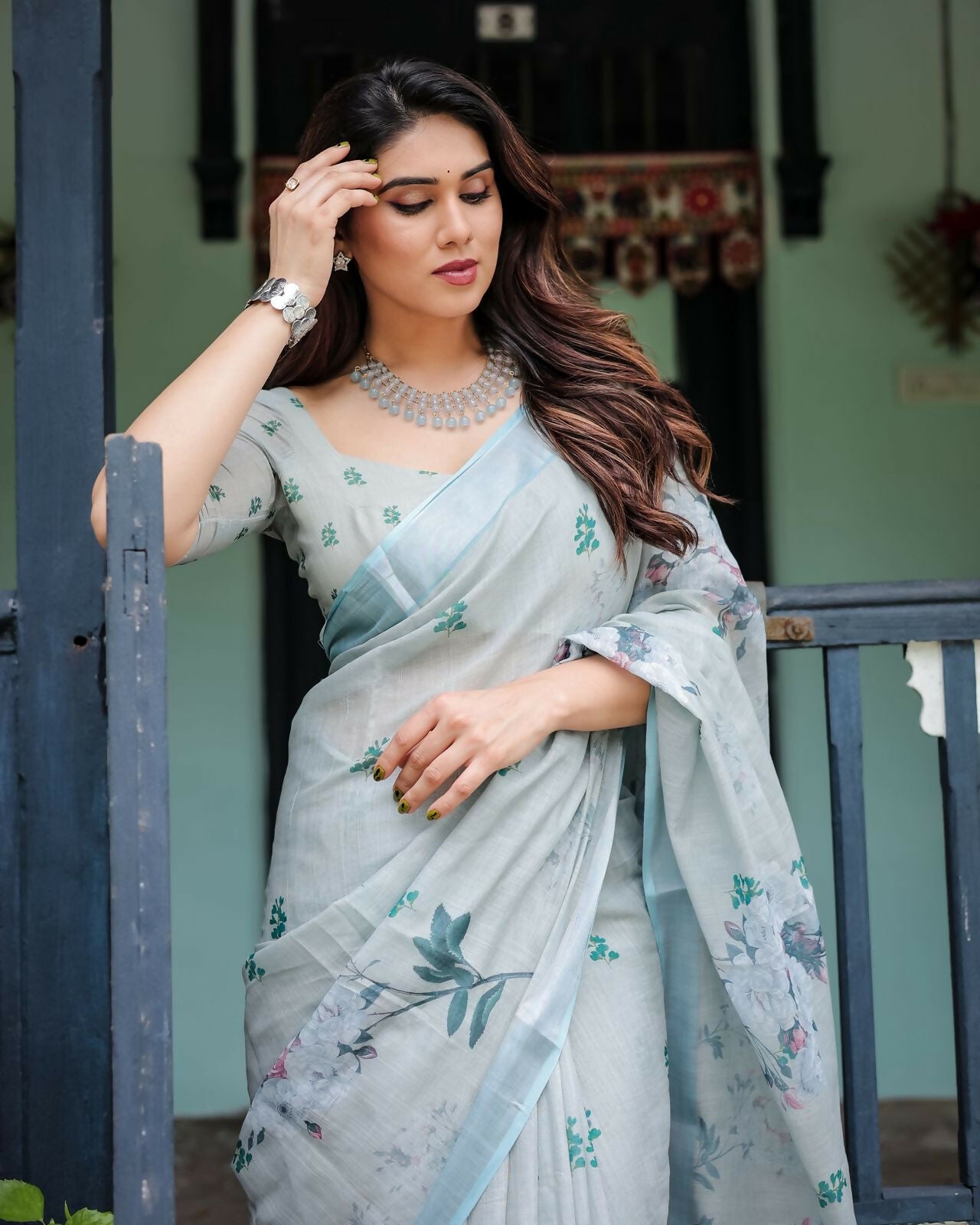 Preksha Creation Light Pastel Blue Wedding Linen Delicate Floral Digital Print Women Saree