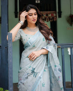 Thumbnail for Preksha Creation Light Pastel Blue Wedding Linen Delicate Floral Digital Print Women Saree