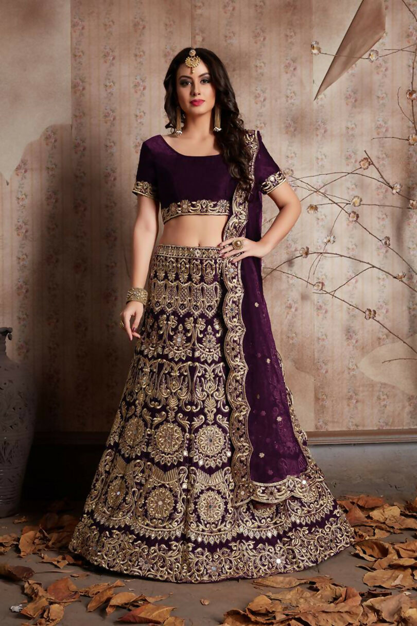 Jyoti Fashion Mesmerizing Wine Sequins Embroidered Velvet Lehenga Choli with Dupatta - Distacart