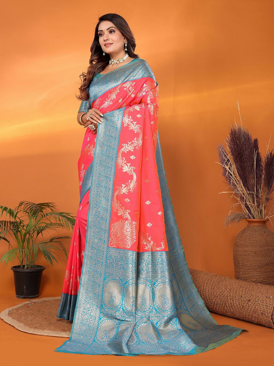 Joban Fashion Banarasi Tomato Red Woven Soft Silk Saree