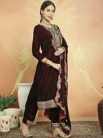 Thumbnail for Aastha Fashion Women's Maroon Velvet Cording with Resham Thread & Sequin Kurta with Trouser & Dupatta - Distacart