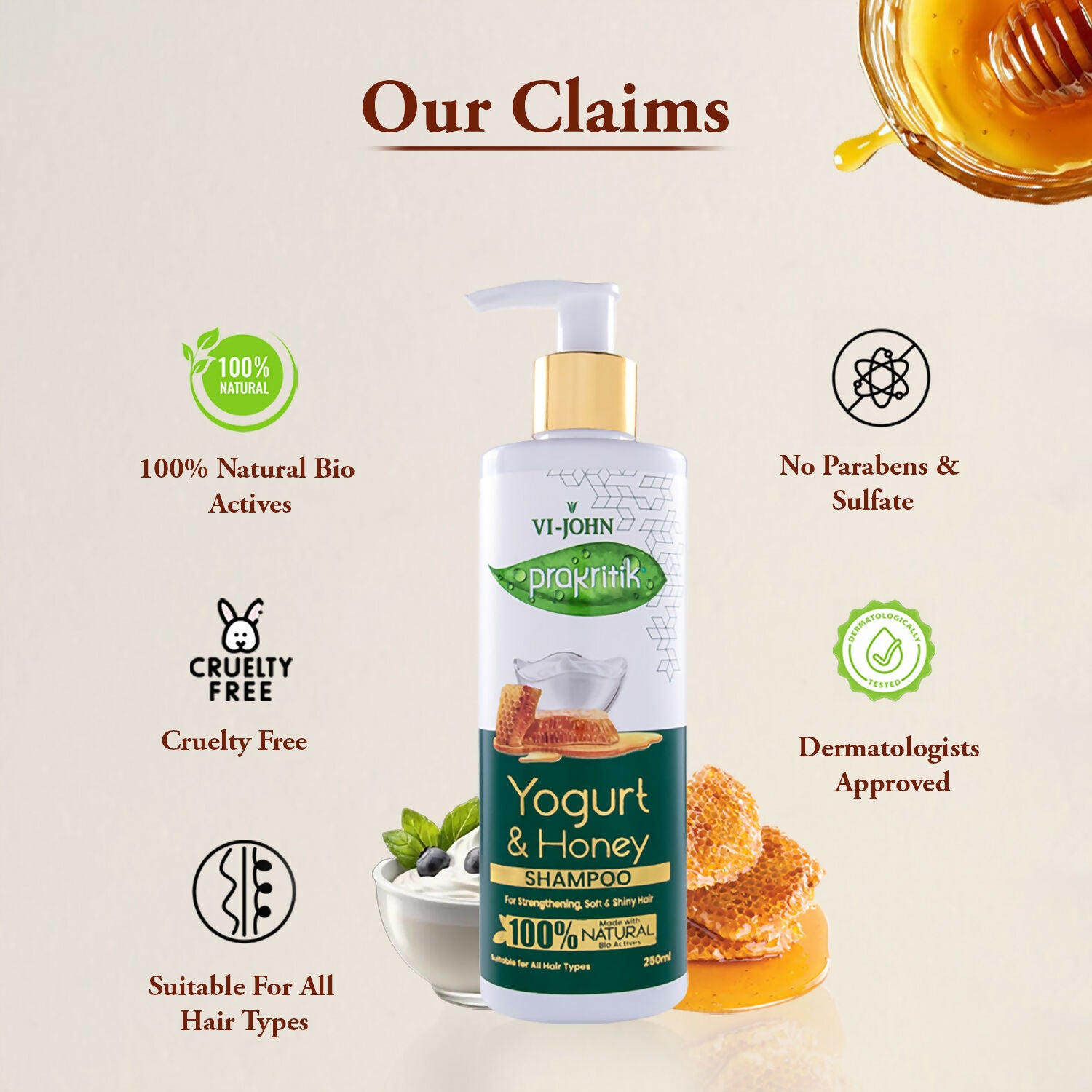 VI-JOHN Prakritik Yogurt & Honey Shampoo Cleanses Scalp, Made With 100% Natural Bio Actives