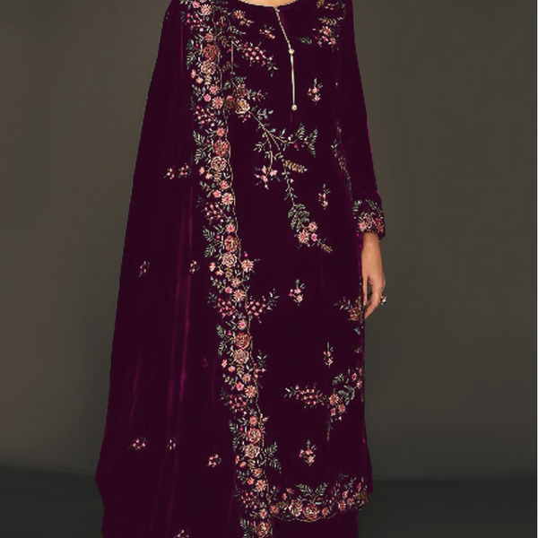 Anaita Purple Pure Velvet Stitched Suit with Heavy Embroidery Sequence Work - Distacart