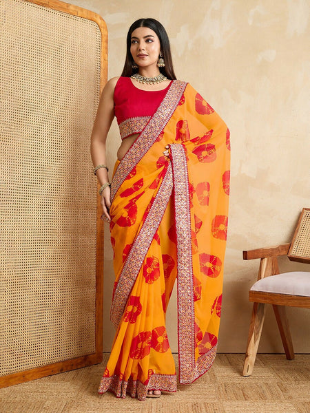 Ai Fashion Yellow Georgette Bandhani Print Party Wear Saree