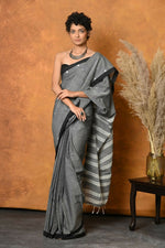 Thumbnail for Very Much Indian Handloom Pure Cotton Saree With Sleek Border - Grey - Distacart