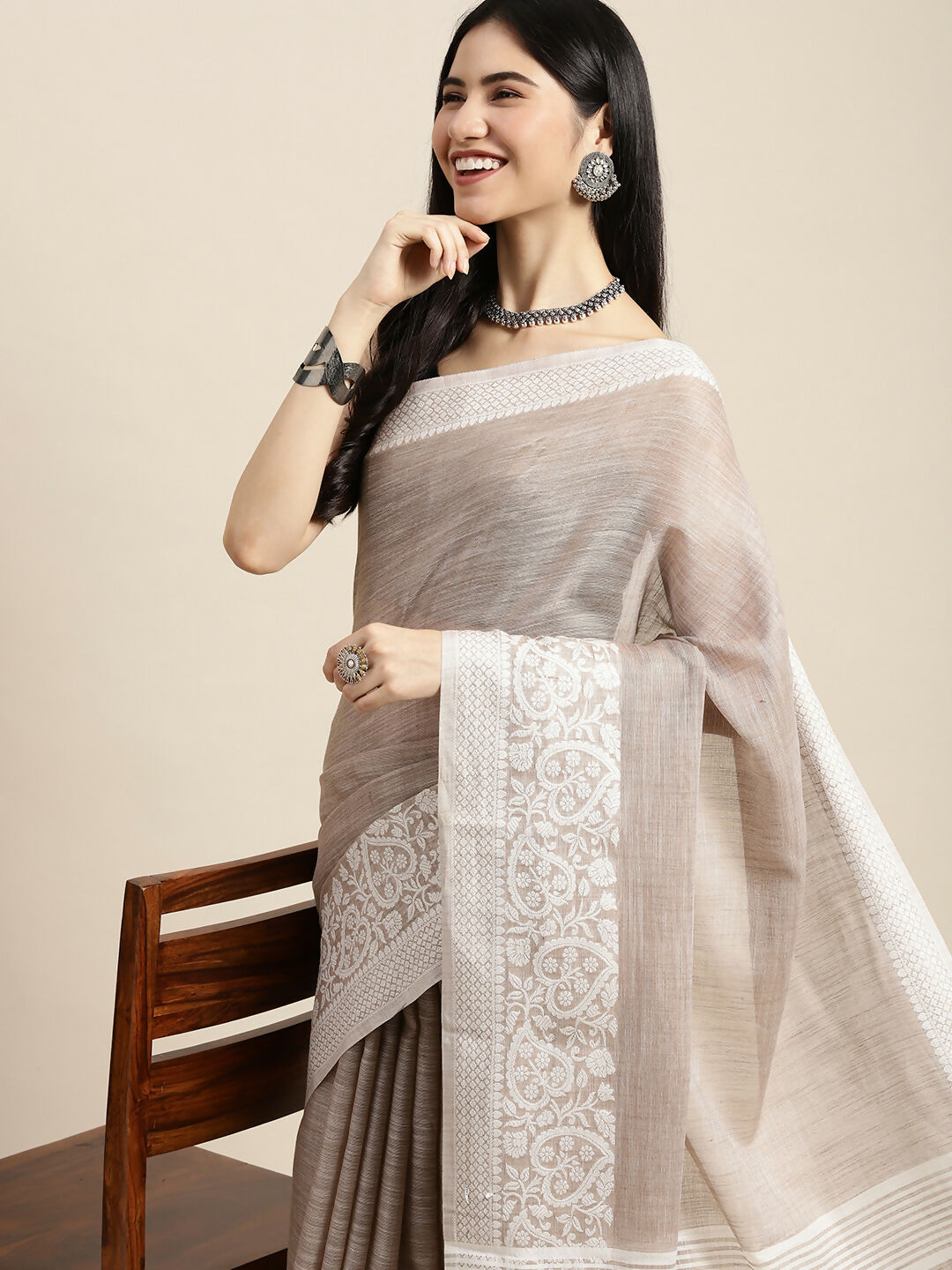 Astita Linen Beige Saree