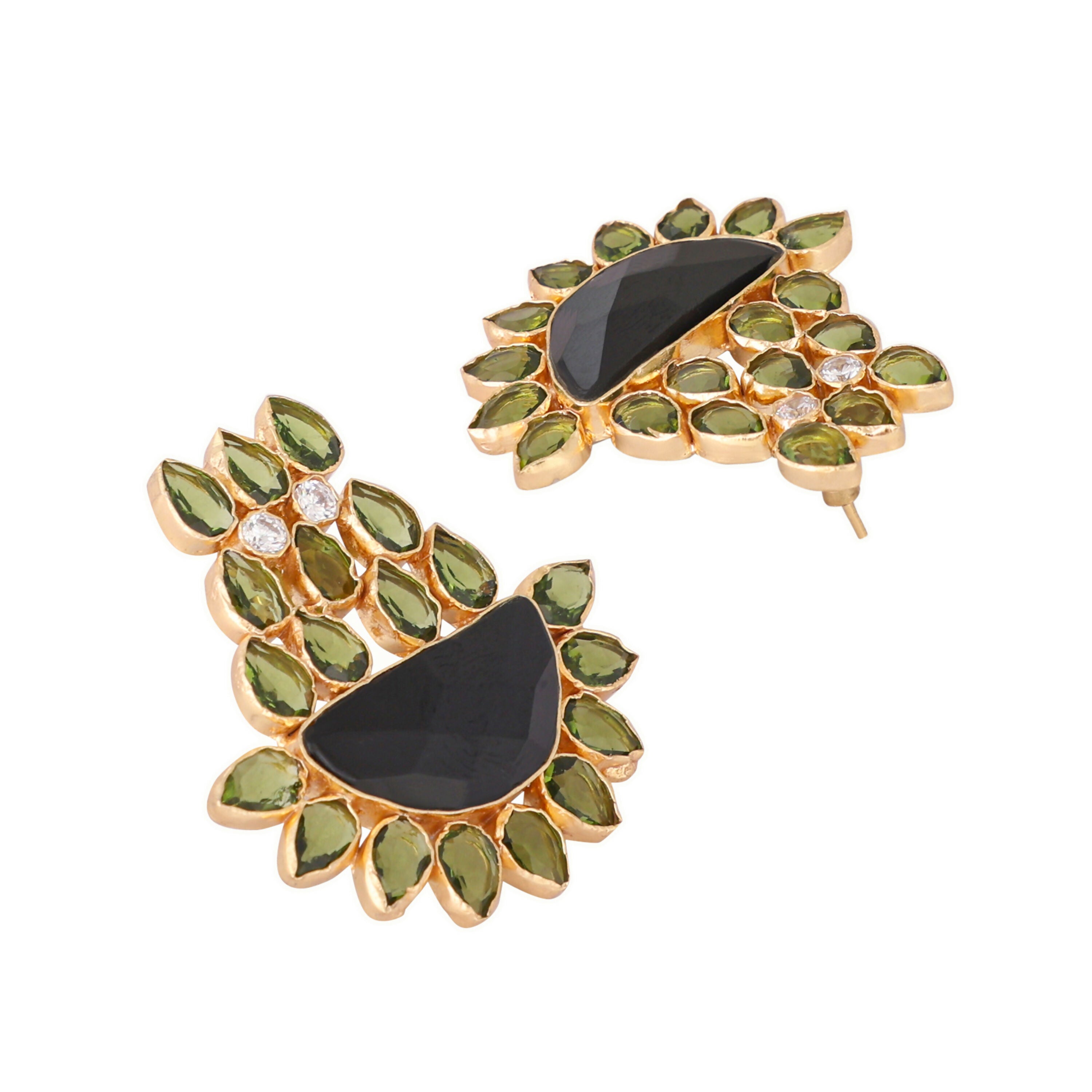 Nuyug 22K Gold Plated Dark Crystal Studded Contemporary Floral Shaped Stud Earrings
