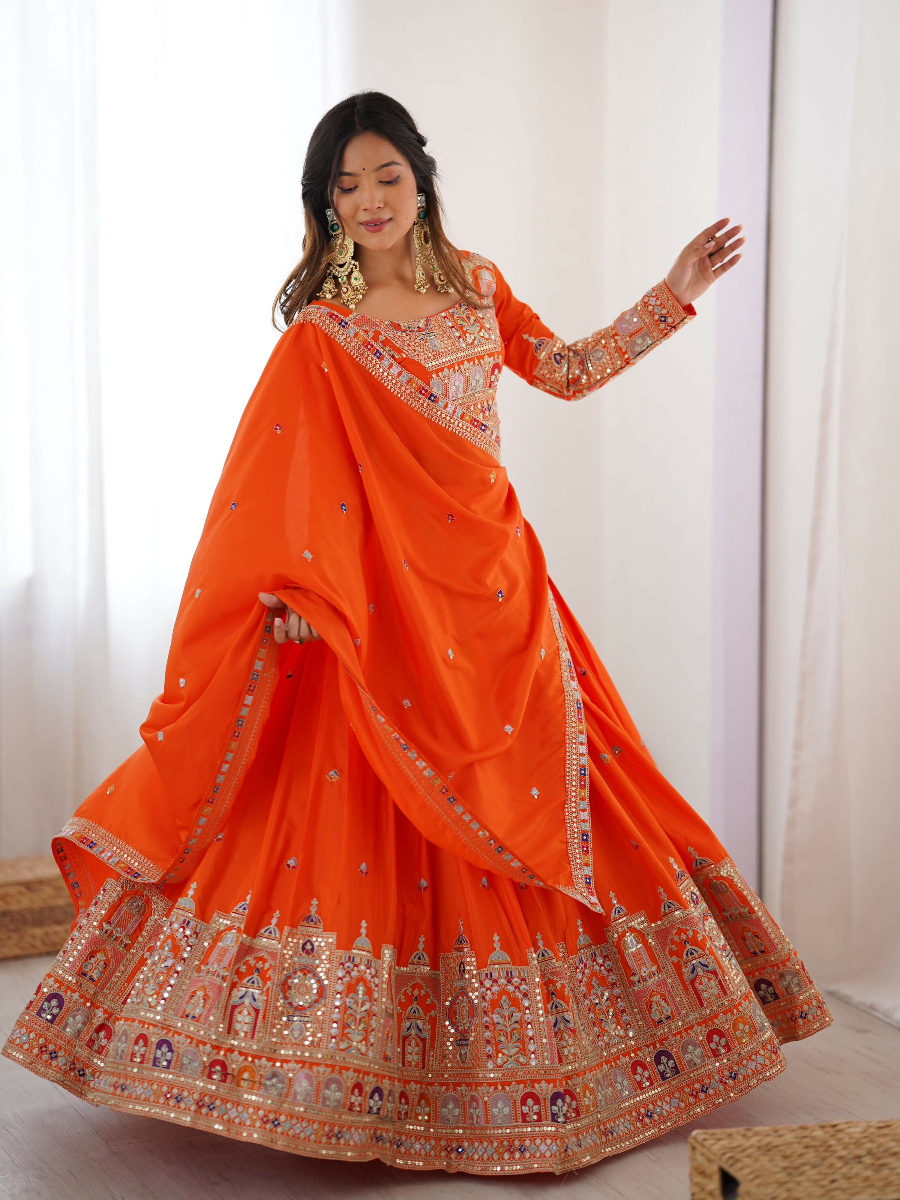 Joban Fashion orange Lehenga Crepe silk Coding Dori with Sequence with Rivet Moti