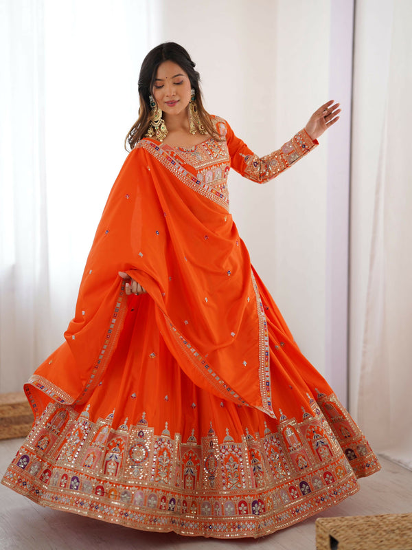 Joban Fashion orange Lehenga Crepe silk Coding Dori with Sequence with Rivet Moti