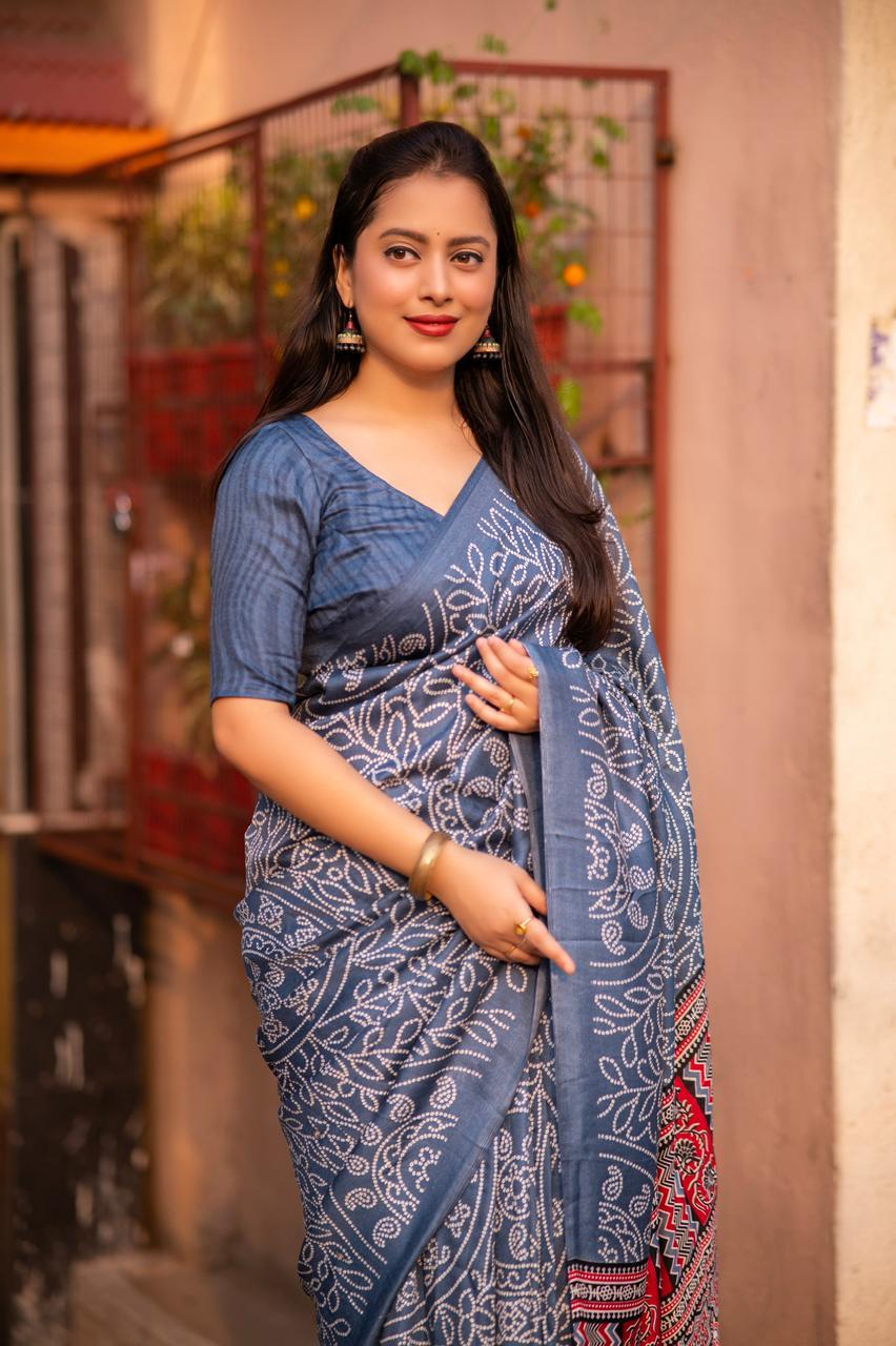 Grey Silk Blend Ajrak Saree with Unstitched Blouse - A2M - Distacart