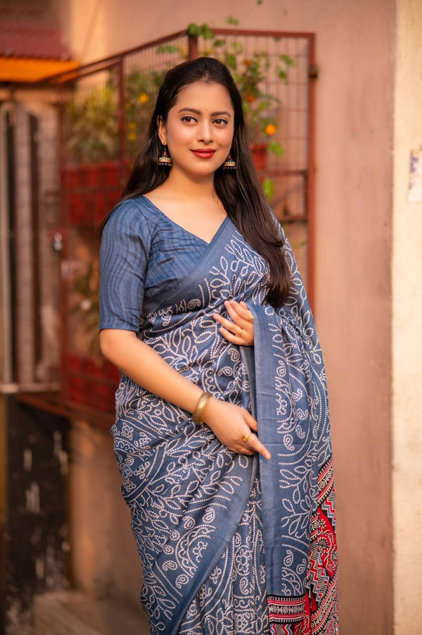 Grey Silk Blend Ajrak Saree with Unstitched Blouse - Hiral Fashion - Distacart