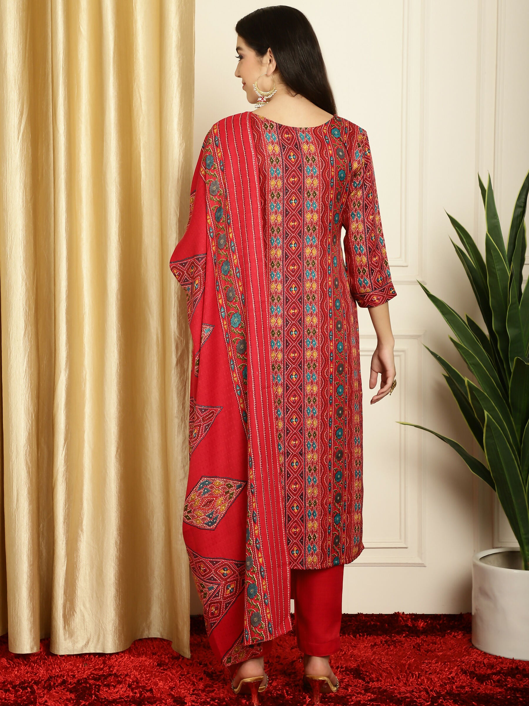 Jyoti Fashion Women's Red Pashmina Floral Digital Printed Kurta with Trouser & Dupatta - Distacart
