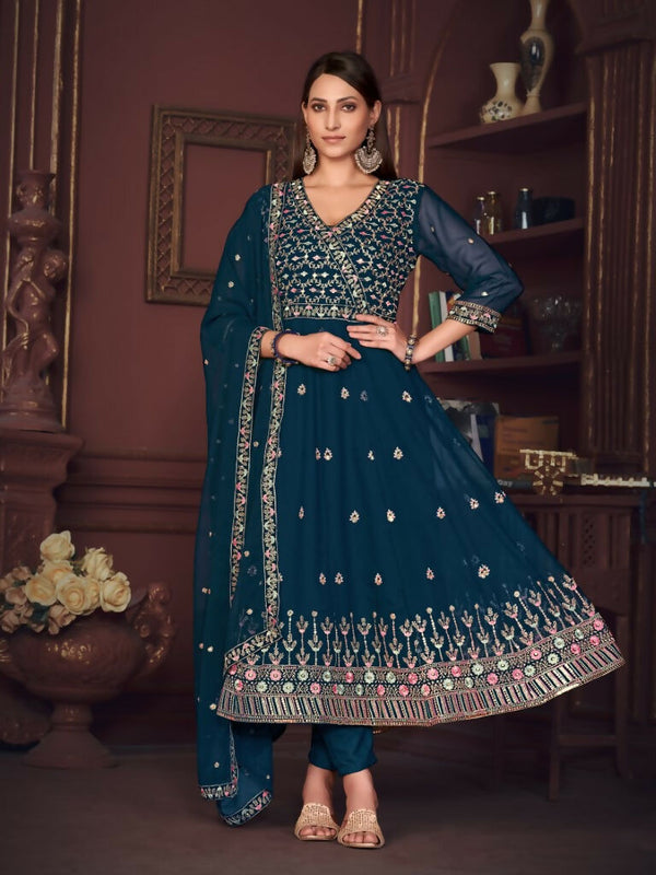 Jyoti Fashion Women's Rama Georgette Embroidered Anarkali Kurta Pant Set With Dupatta - Distacart