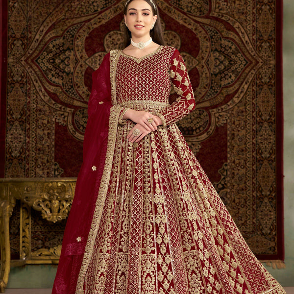 Anaita Maroon Embroidered Net Stitched Anarkali Suit - Distacart