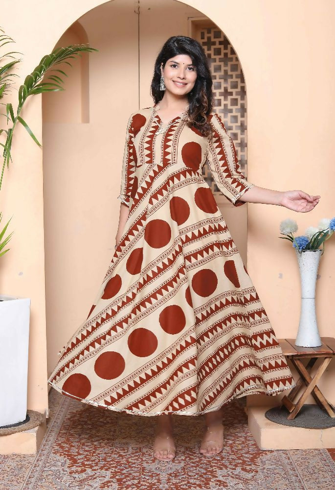 Miravan Womens Brown Printed V-Neck Anarkali Kurta