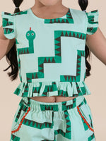 Thumbnail for Snakes and Ladders Girls Green Table Print Top and Shorts Sets from Siblings Collection - Distacart