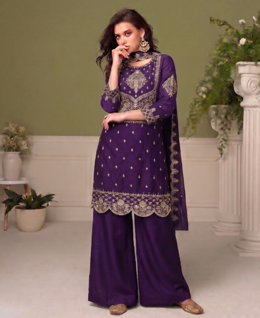 KC Purple Wedding Wear Embroidered Crush Silk Salwar Suit - Dista