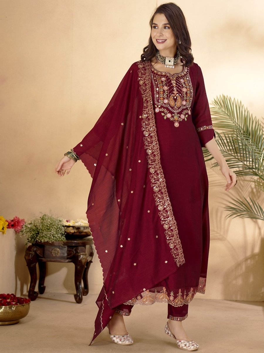 Anouk Maroon Ethnic Motifs Embroidered Sequinned Anarkali Kurta With Trouser & Dupatta