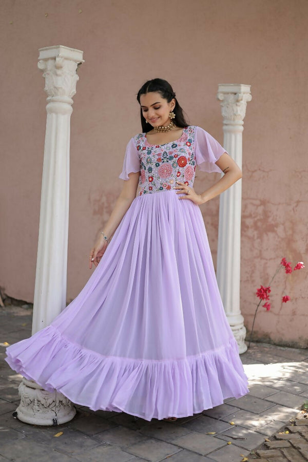 Jyoti Fashion Women's Purple Sequins Thread Embroidery Faux Georgette Anarkali Dress - Distacart