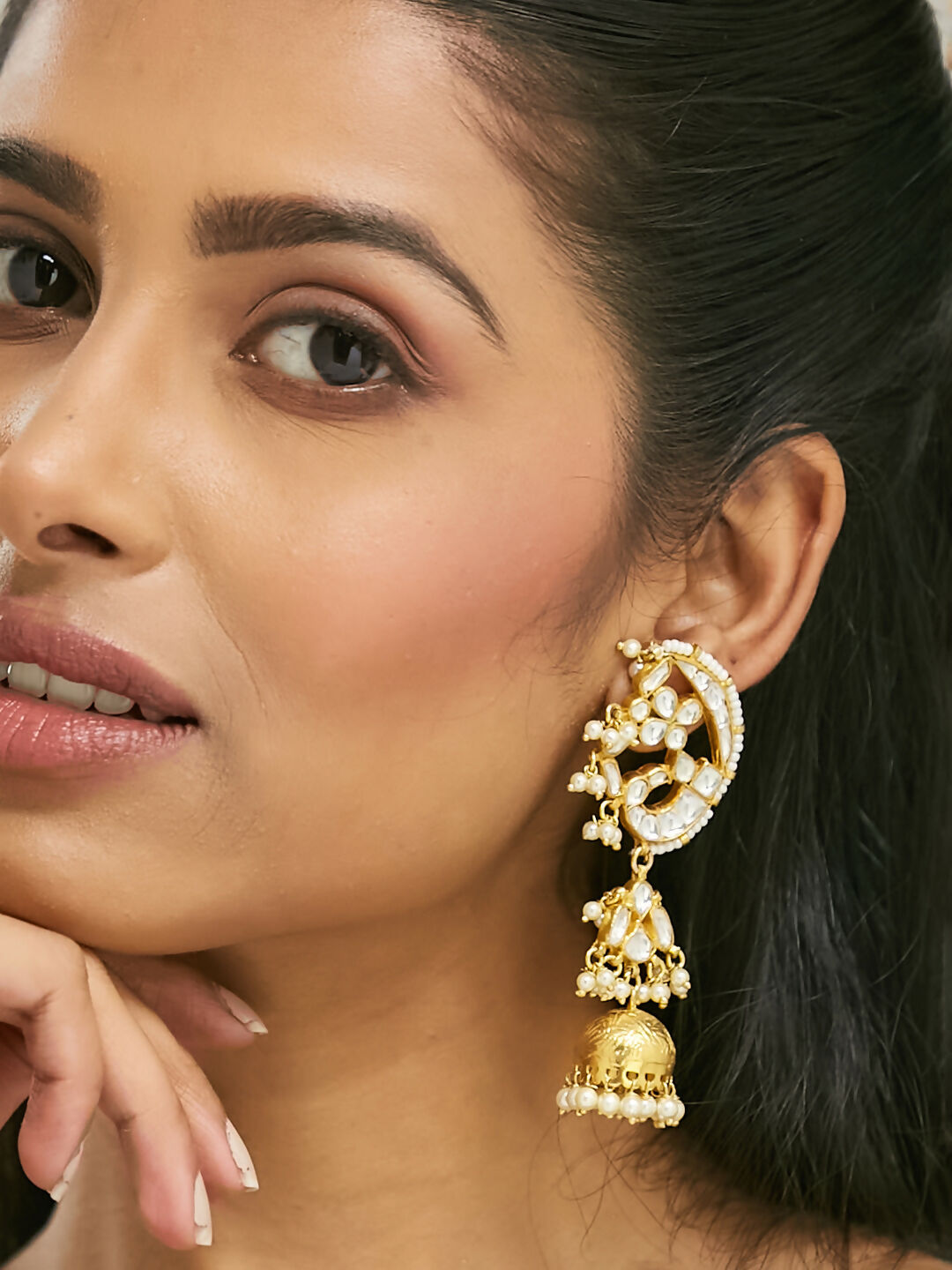 Nuyug 22K Gold-Plated Elegant Kundan Stone Studded & Pearl Drops Mini Jhumki Dangler Earrings