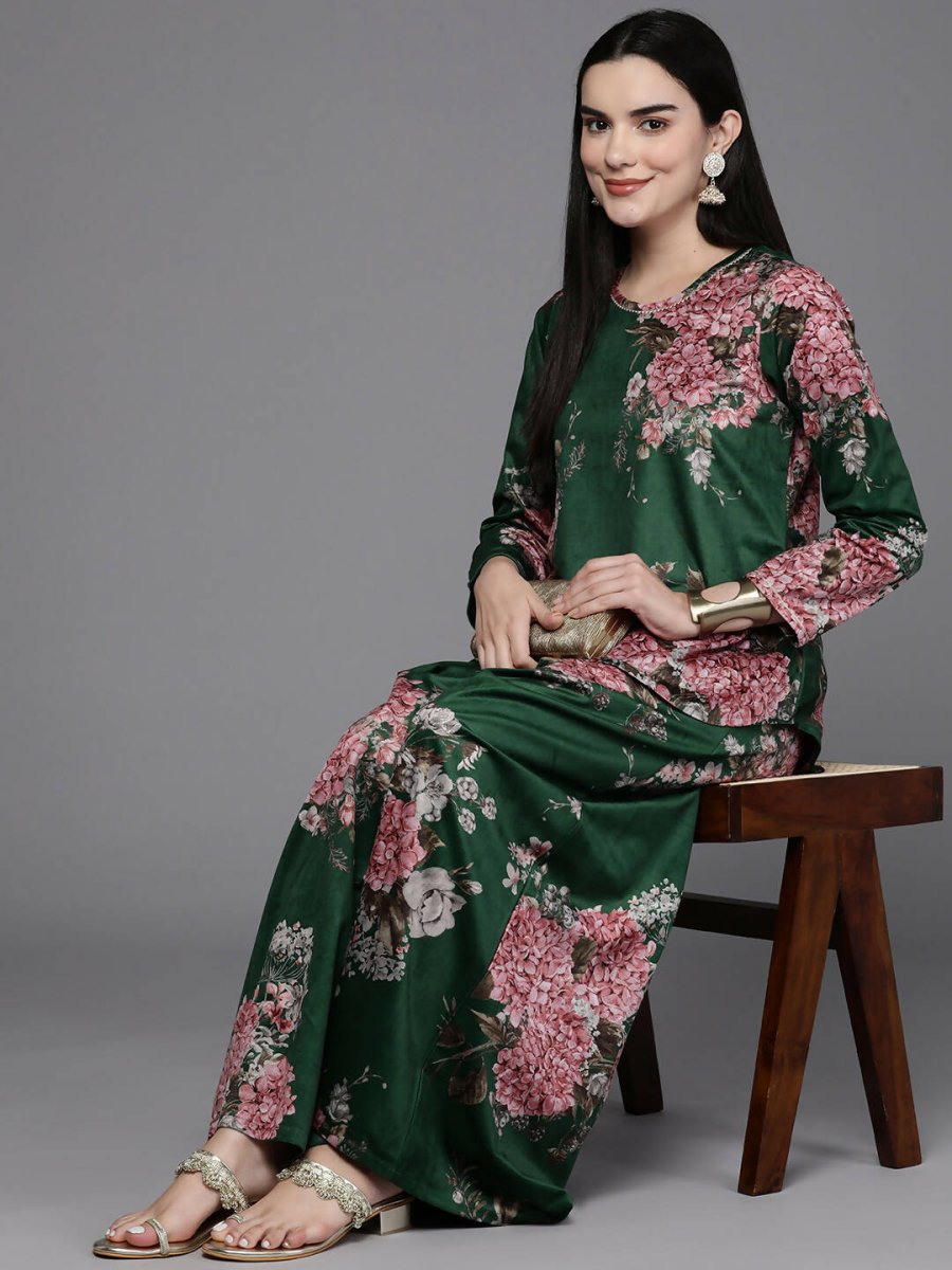 Ahalyaa Women Floral Printed Velvet Tunic with Palazzos - Green Color - Distacart
