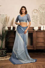 Thumbnail for Joban Fashion Cream & Blue Striped Linen Ready To Wear Saree With Unstitched Blouse - Distacart