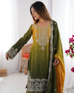 Thumbnail for The52 Women's Beautiful Chinon silk Fabric Embroidery Work Straight Kurta Palazzo and Dupatta Set - Distacart