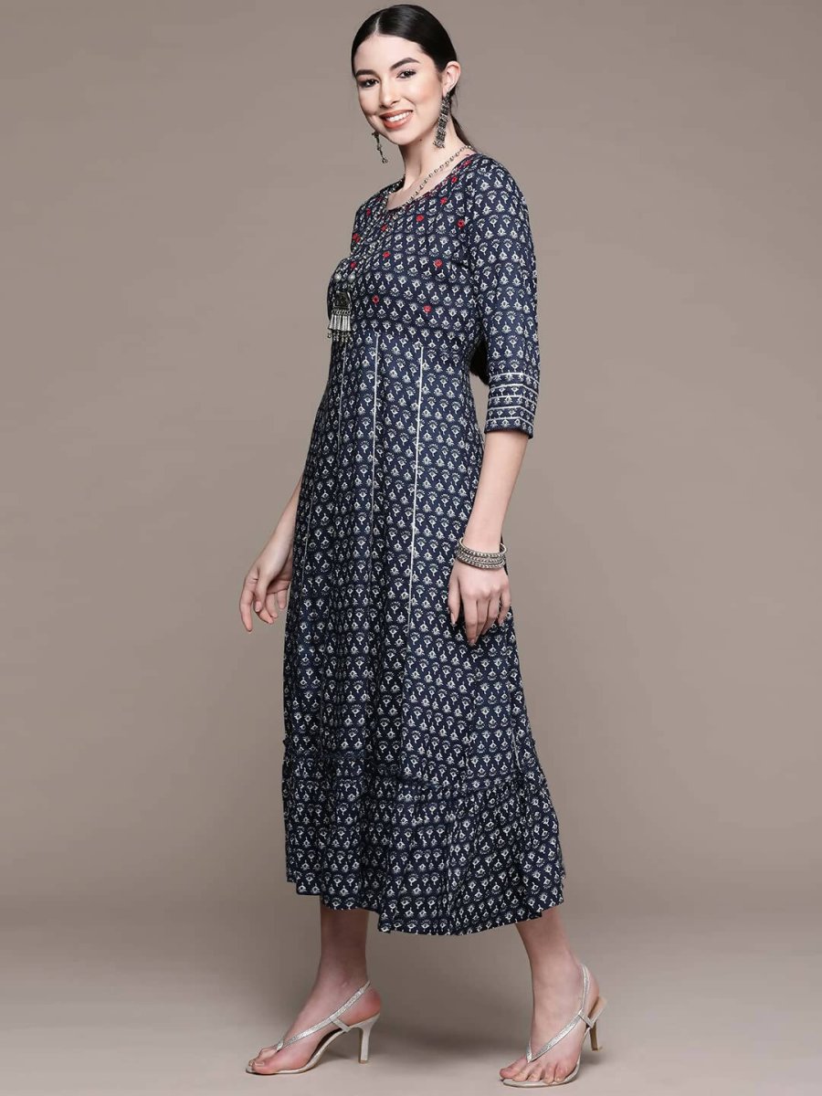 Anubhutee Women's Viscose Rayon Navy Blue Printed Ethnic Dress - Distacart