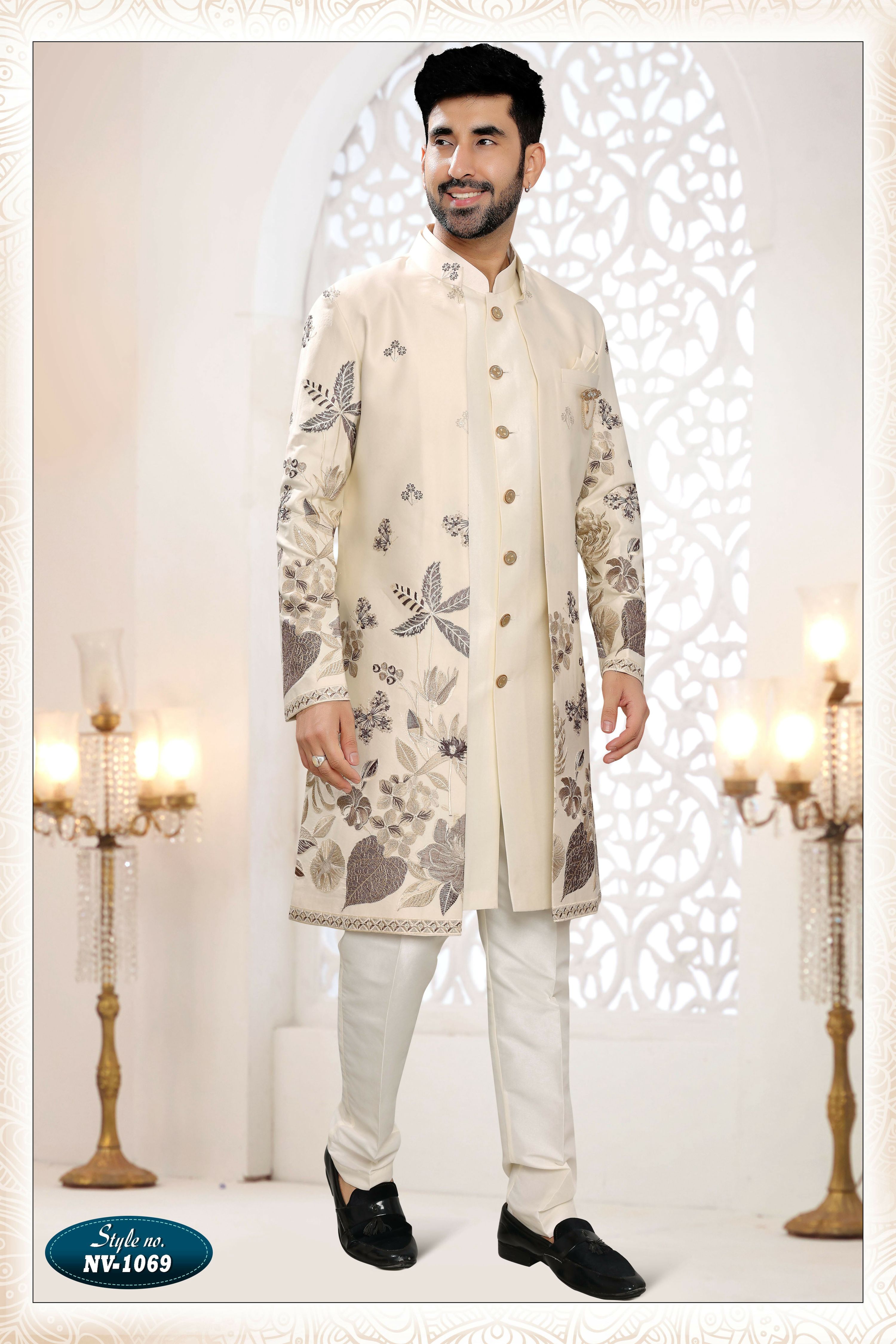 Joban Fashion Men's Cream Straight Malai Silk Thread And Sequence Embroidery All Over 3 Pc Kurta Set - Distacart