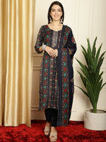 Thumbnail for Jyoti Fashion Women's Navy Blue Pashmina Floral Digital Printed Kurta with Trouser & Dupatta - Distacart