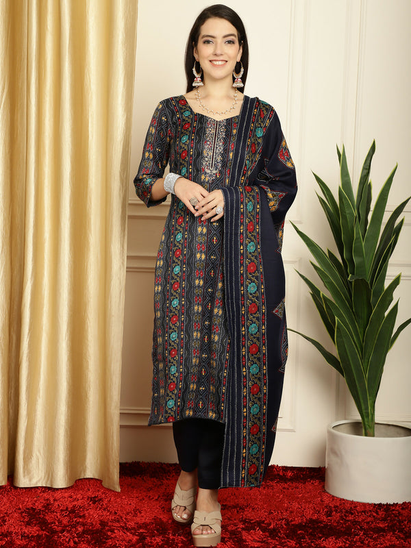 Jyoti Fashion Women's Navy Blue Pashmina Floral Digital Printed Kurta with Trouser & Dupatta - Distacart