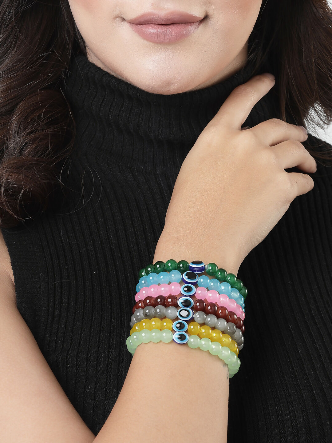 NVR Men & Women Set of 7 Crystals Beaded Evil Eye Elasticated Bracelet - Distacart